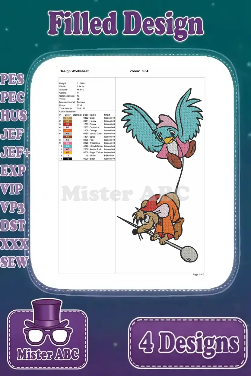 Embroidery worksheet for a bird and mouse with sewing tools design, detailing stitches and color sequence.