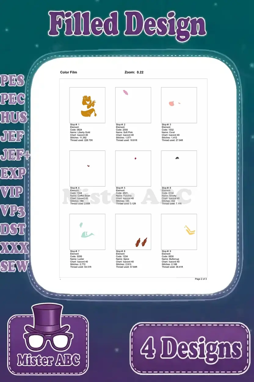 Color film part 1 for Gus holding a cake embroidery, showing the initial thread stops and stitch progression.