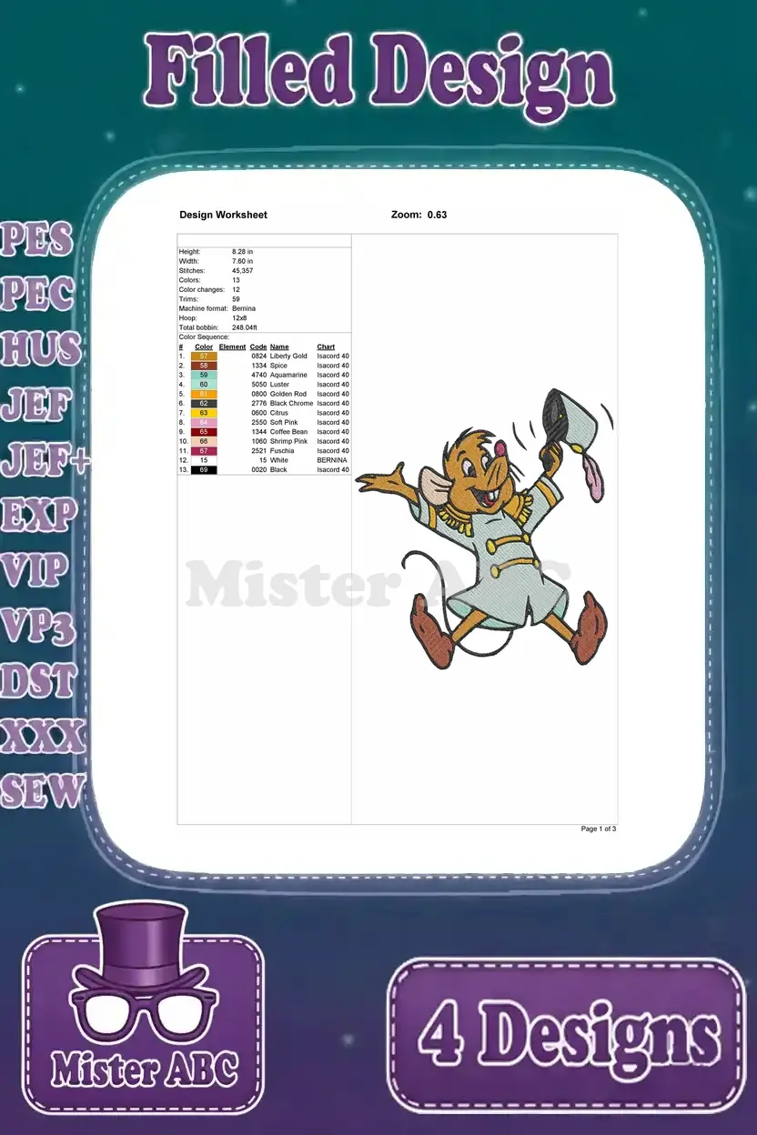 Detailed design worksheet for the Jaq mouse in uniform embroidery, showing stitch count, thread colors, and hoop size.