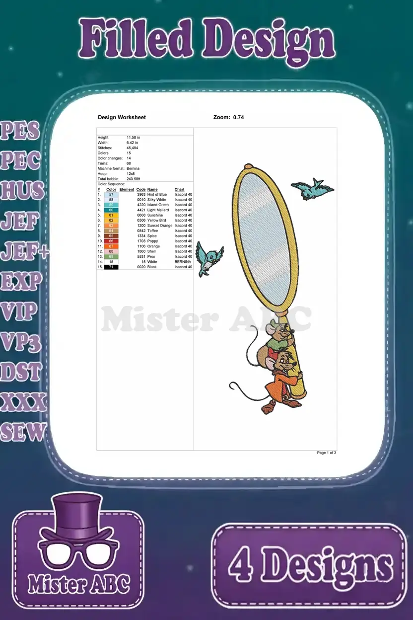 Detailed design worksheet for Jaq and Gus with mirror embroidery, showing stitch count, thread colors, and hoop size.