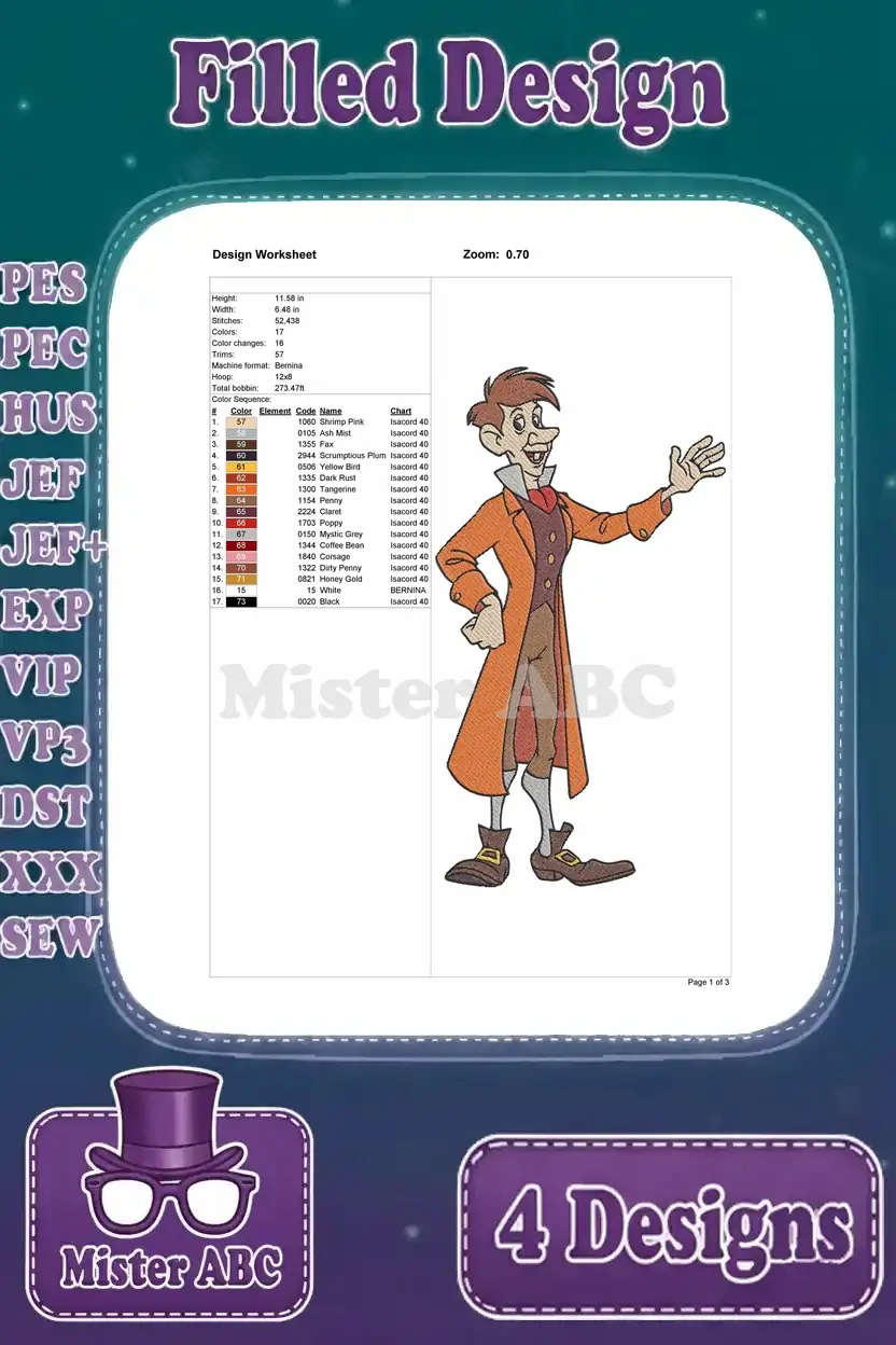 Detailed design worksheet for the Grand Duke embroidery, showing stitch count, thread colors, and hoop size specifications.