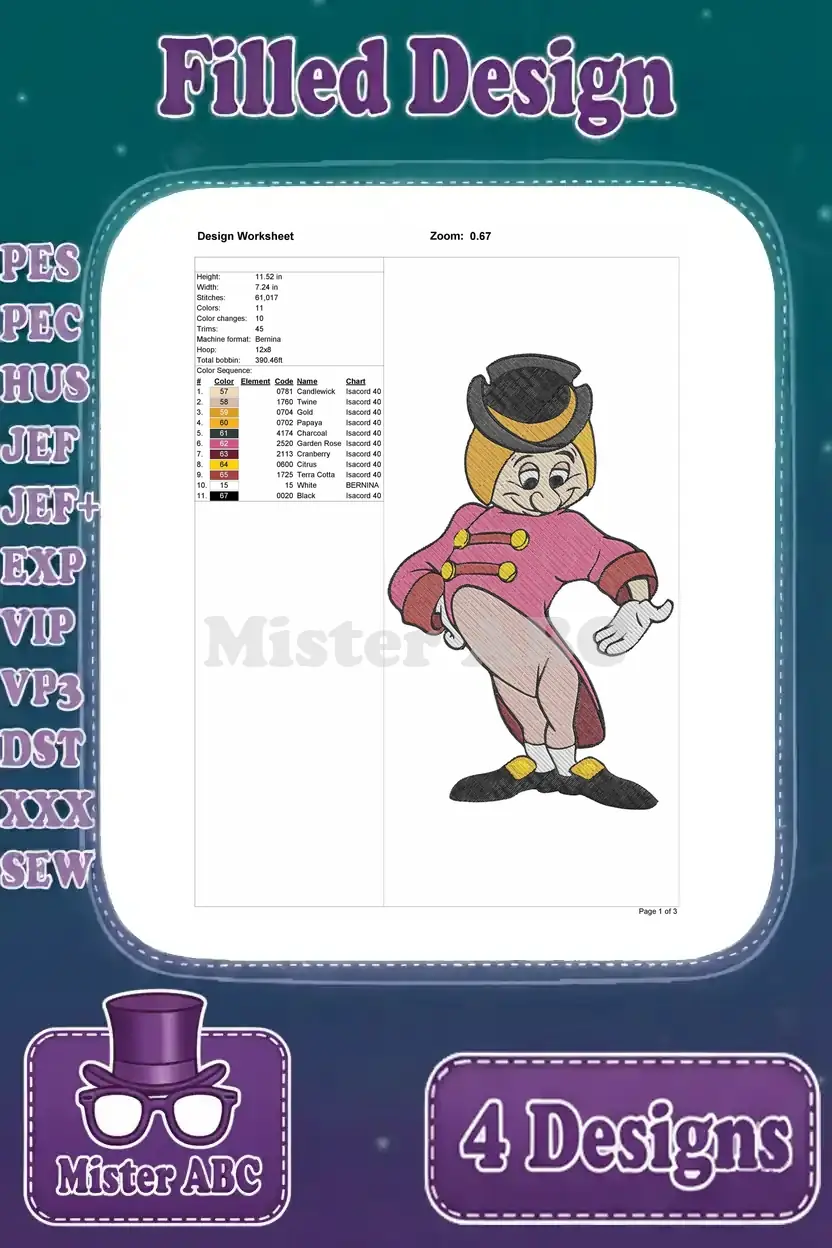 A detailed design worksheet for the Gus Gus (mouse) character in a footman outfit, showing stitch count and colors.