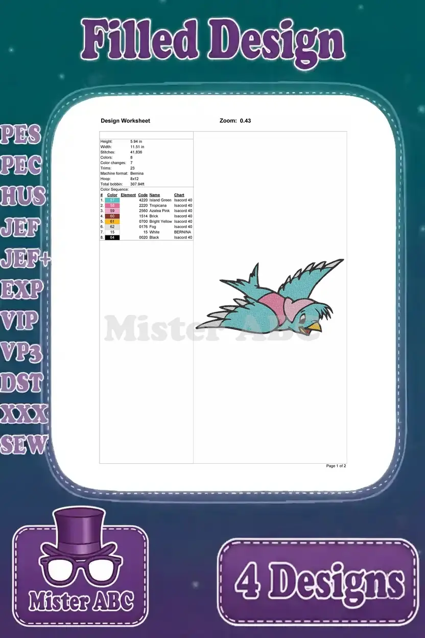 A design worksheet for the Cinderella bluebird embroidery, detailing dimensions, stitch count, and thread colors.