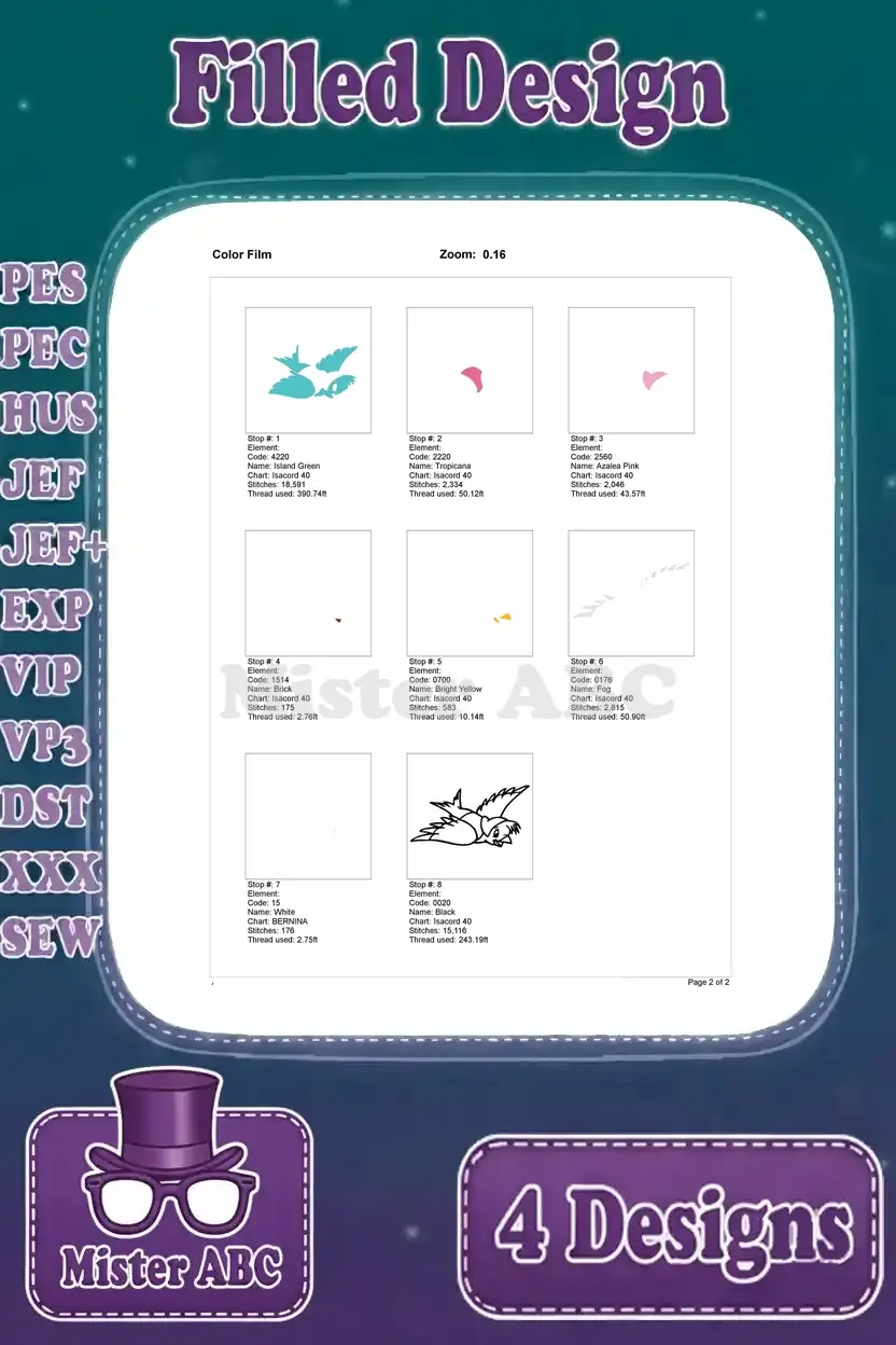 A color film breakdown for the Cinderella bluebird embroidery design, showing all thread stops and stitch order.