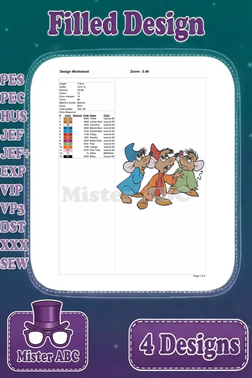 Detailed worksheet for the Jaq, Gus, and Suzy filled embroidery design, showing thread colors, stitch count, and size.