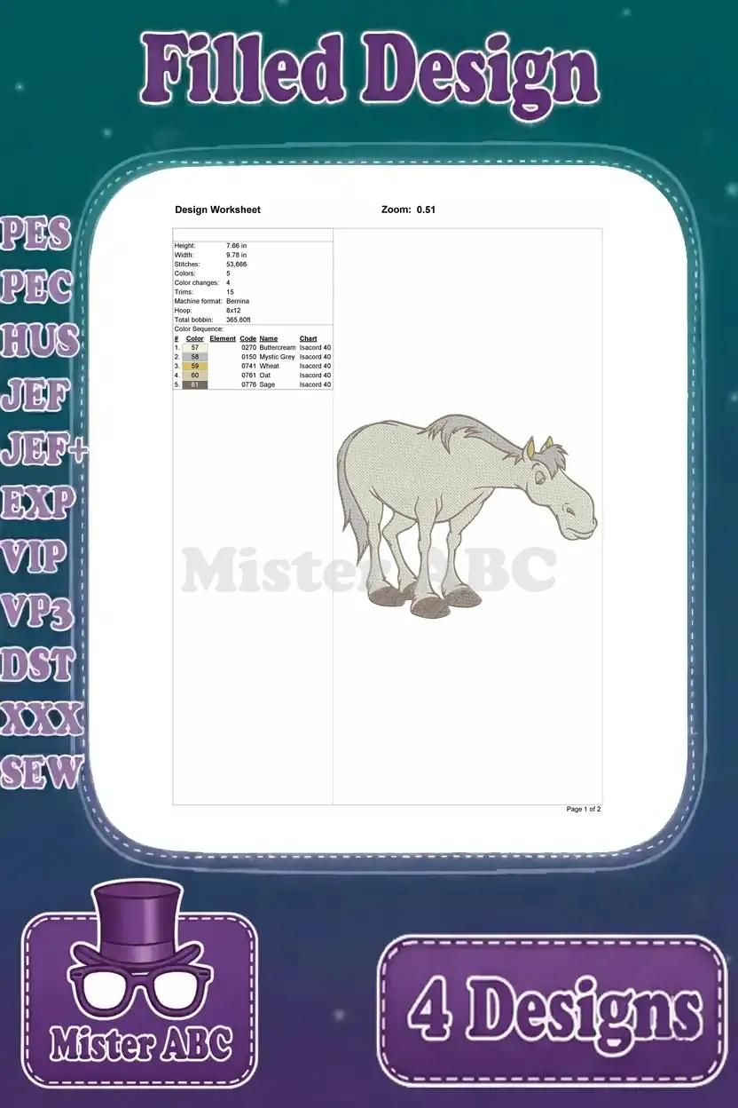 Comprehensive design worksheet for the Cinderella horse filled embroidery, detailing size, stitch count, and thread colors.