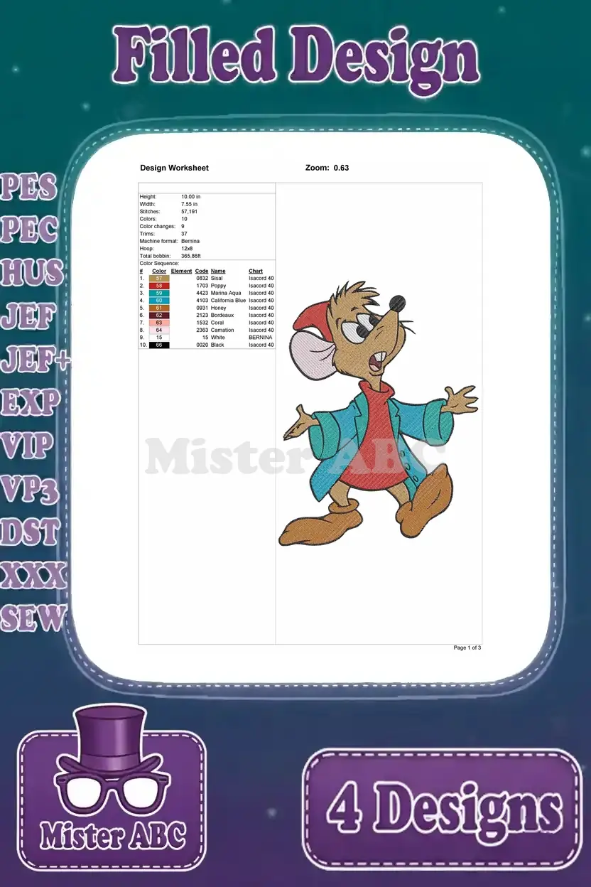 Detailed design worksheet for Perla the mouse filled embroidery, including stitch count, dimensions, and thread chart.