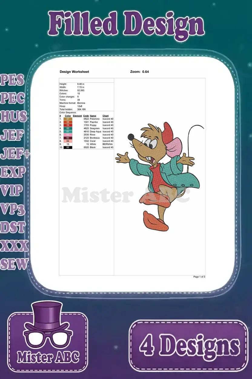 Comprehensive design worksheet for Suzy the mouse filled embroidery, detailing size, stitch count, and thread colors.