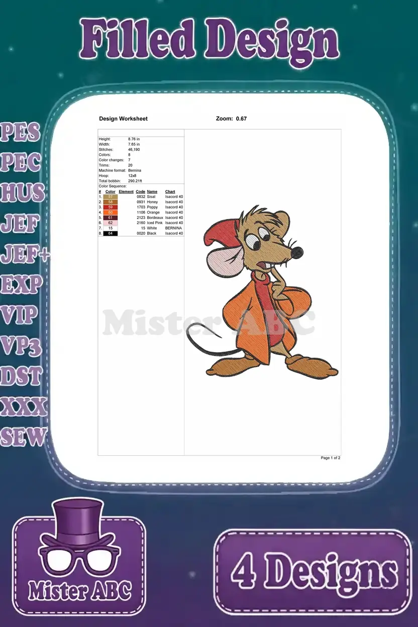 Detailed design worksheet for the second Gus Gus filled stitch embroidery design, showing thread colors and stitch count.