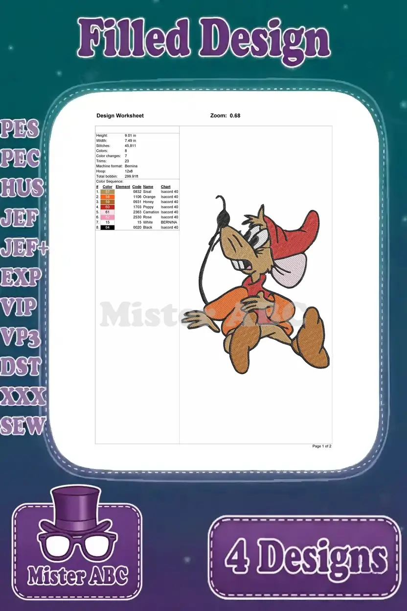 Detailed design worksheet for the third Jaq filled stitch embroidery design, showing thread colors and stitch count.
