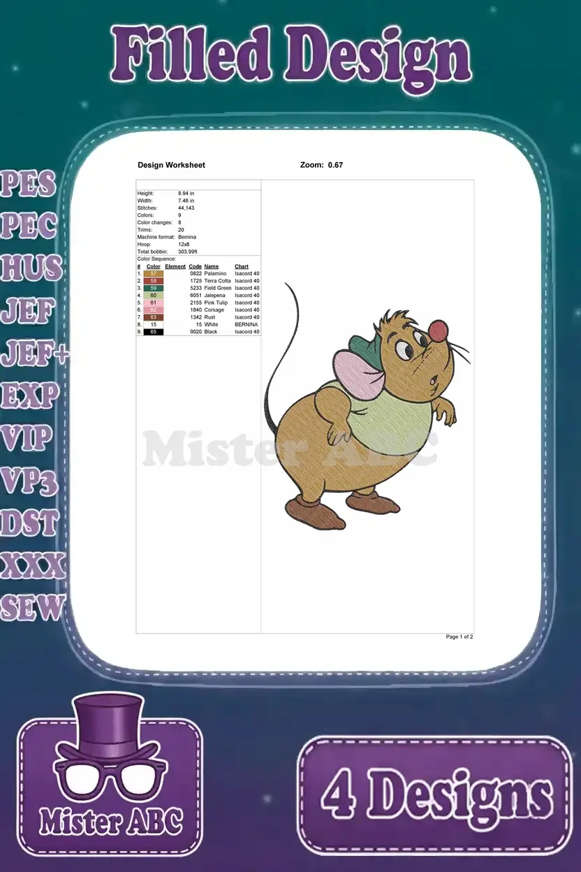 Detailed design worksheet for the second Gus Gus embroidery, showing dimensions, stitch count, color sequence, and thread chart.