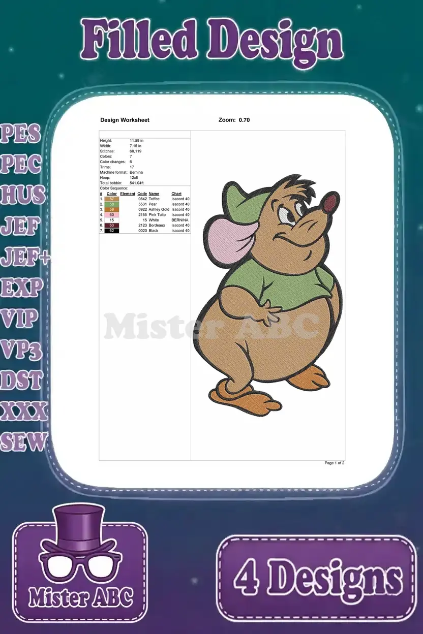 Detailed design worksheet for the third Gus Gus embroidery, showing dimensions, stitch count, color sequence, and thread chart.