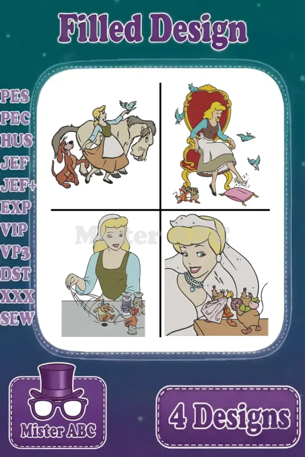 A vibrant collage showcasing four distinct filled embroidery designs of Cinderella, depicting her journey from rags to royalty.