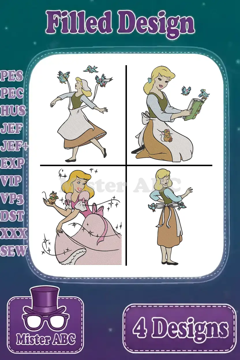 A collection of four enchanting Cinderella filled embroidery designs shown together, featuring various poses and popular formats.