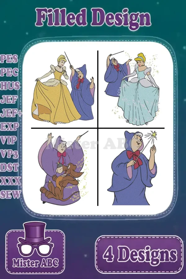 Four enchanting embroidery designs of Cinderella and Fairy Godmother, showcasing transformation and magical moments.
