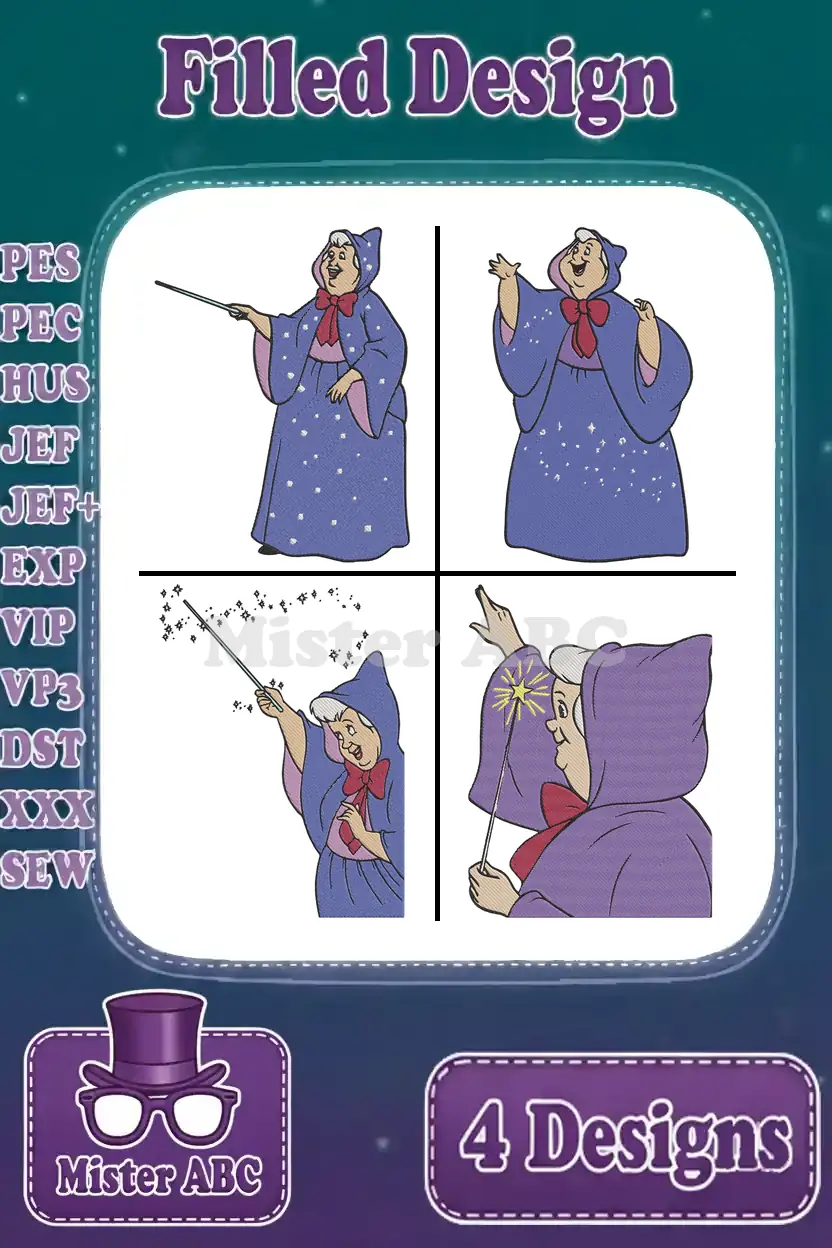 Four vibrant filled embroidery designs of the Fairy Godmother in various magical poses, ready to transform textiles. Includes supported formats.