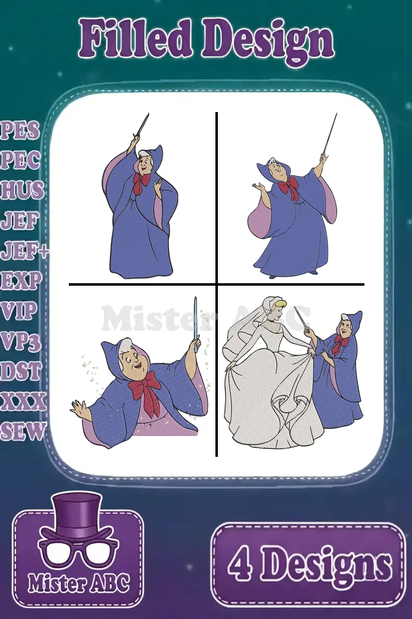 Four vibrant filled embroidery designs featuring Fairy Godmother and Cinderella, ready for your magical crafting projects.