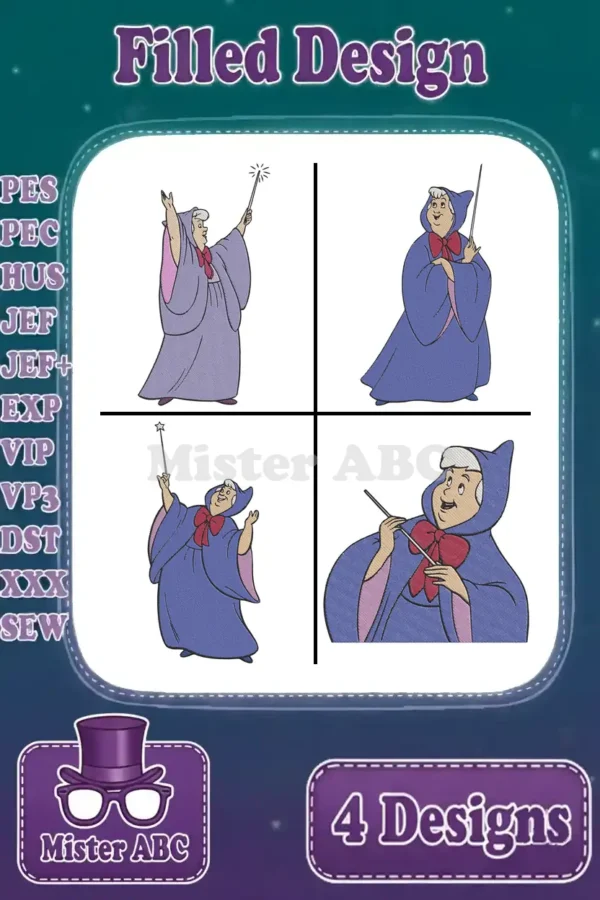 Four vibrant filled embroidery designs of the Fairy Godmother from Cinderella, each in a unique magical pose.