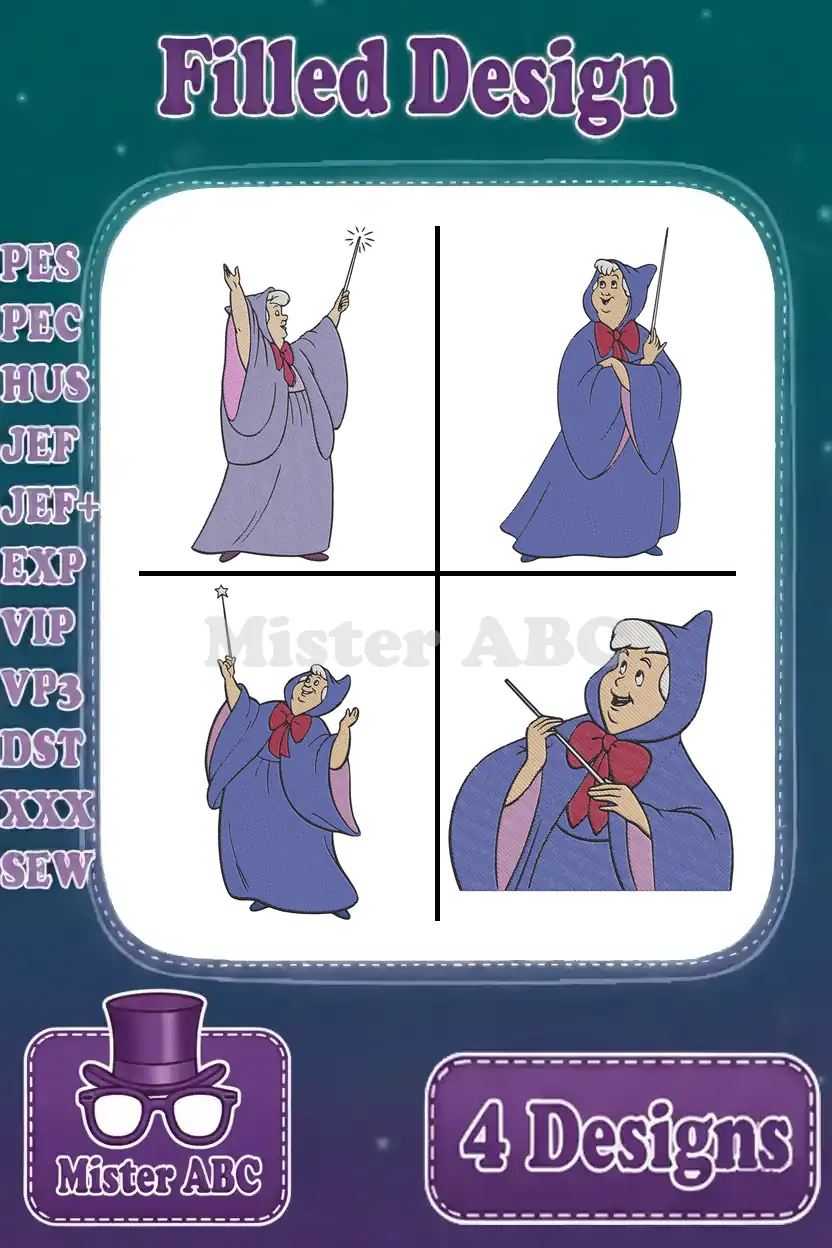 Four vibrant filled embroidery designs of the Fairy Godmother from Cinderella, each in a unique magical pose.