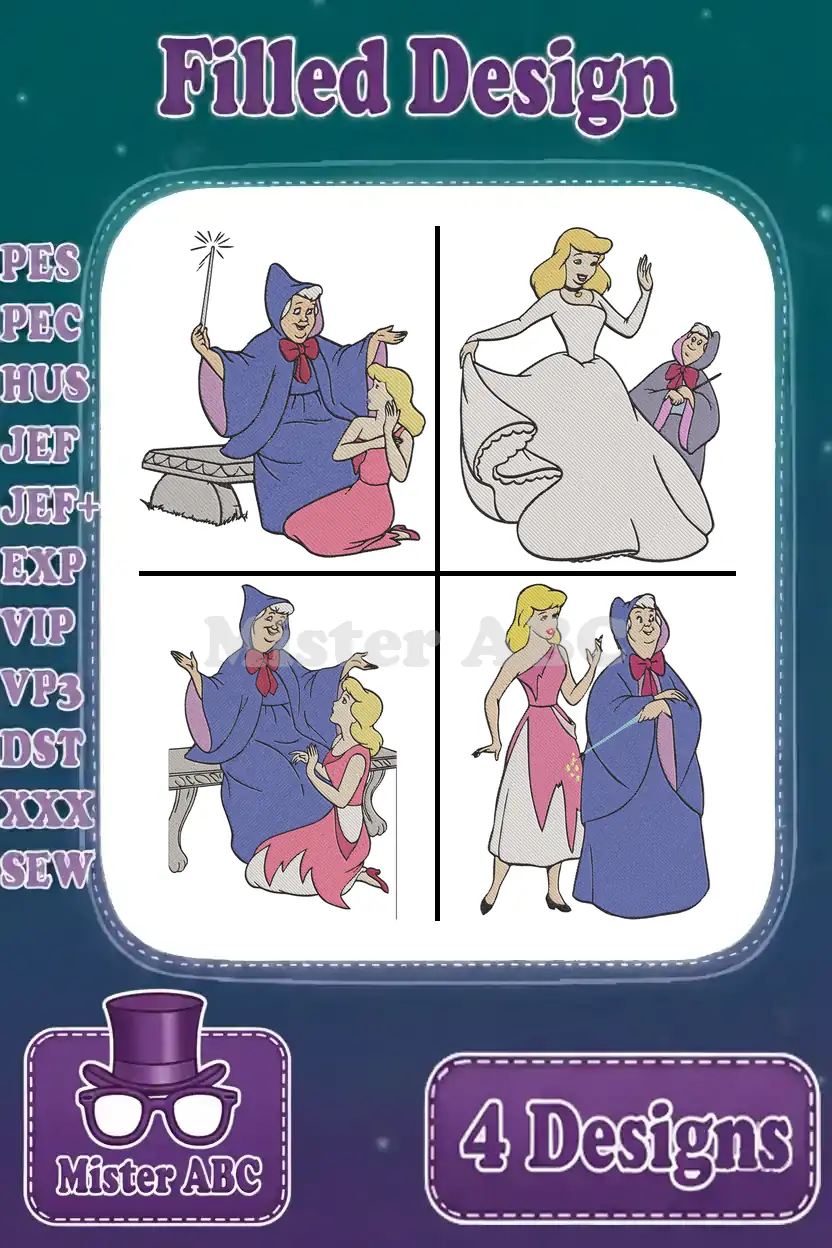 Four vibrant filled embroidery designs featuring Cinderella and the Fairy Godmother in various magical scenes.