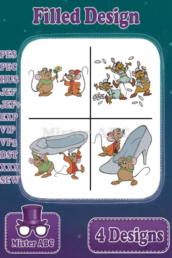 A collection of four filled embroidery designs featuring Jaq and Gus from Cinderella in various charming scenes.