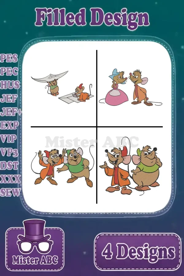 Main product image showing four filled embroidery designs of Cinderella's mice, Jaq and Gus, in various poses.