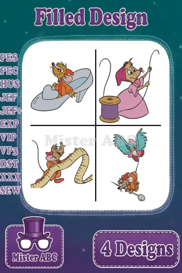 Four filled embroidery designs featuring Cinderella's mice (Jaq & Gus Gus) with sewing items and a slipper.