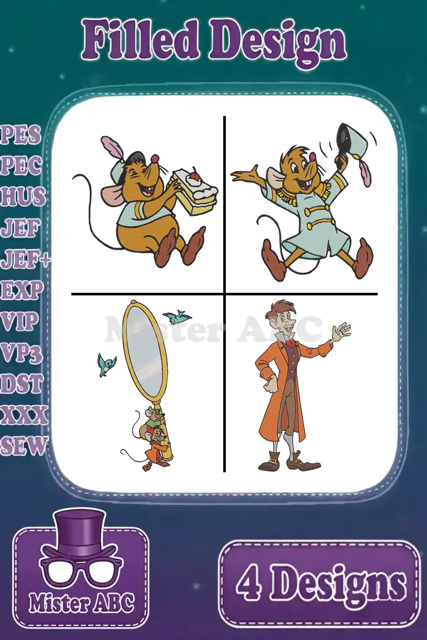 Four vibrant filled embroidery designs featuring Cinderella's Jaq, Gus, and the Grand Duke, ready for stitching.