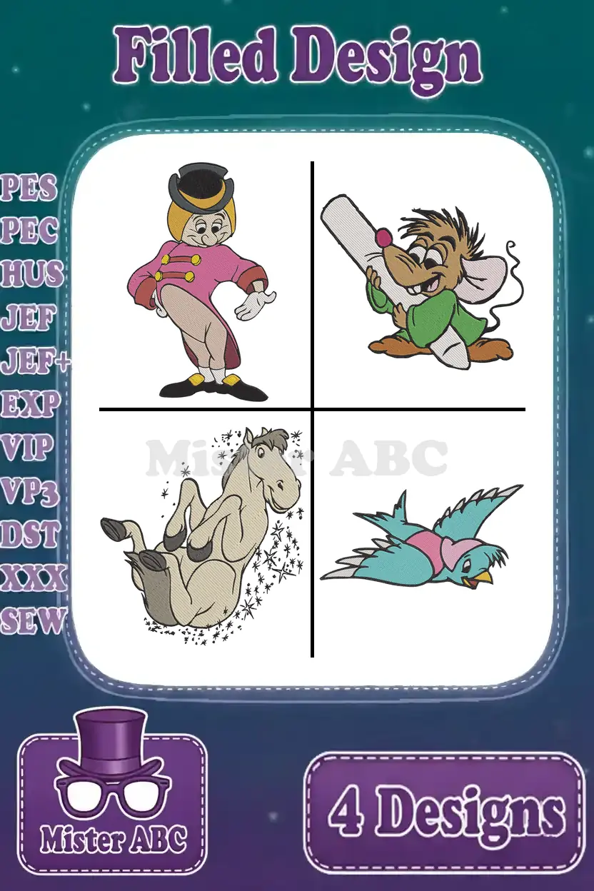 A collage of four vibrant, filled machine embroidery designs featuring Cinderella characters: Gus Gus, Jaq, Major, and a bluebird.
