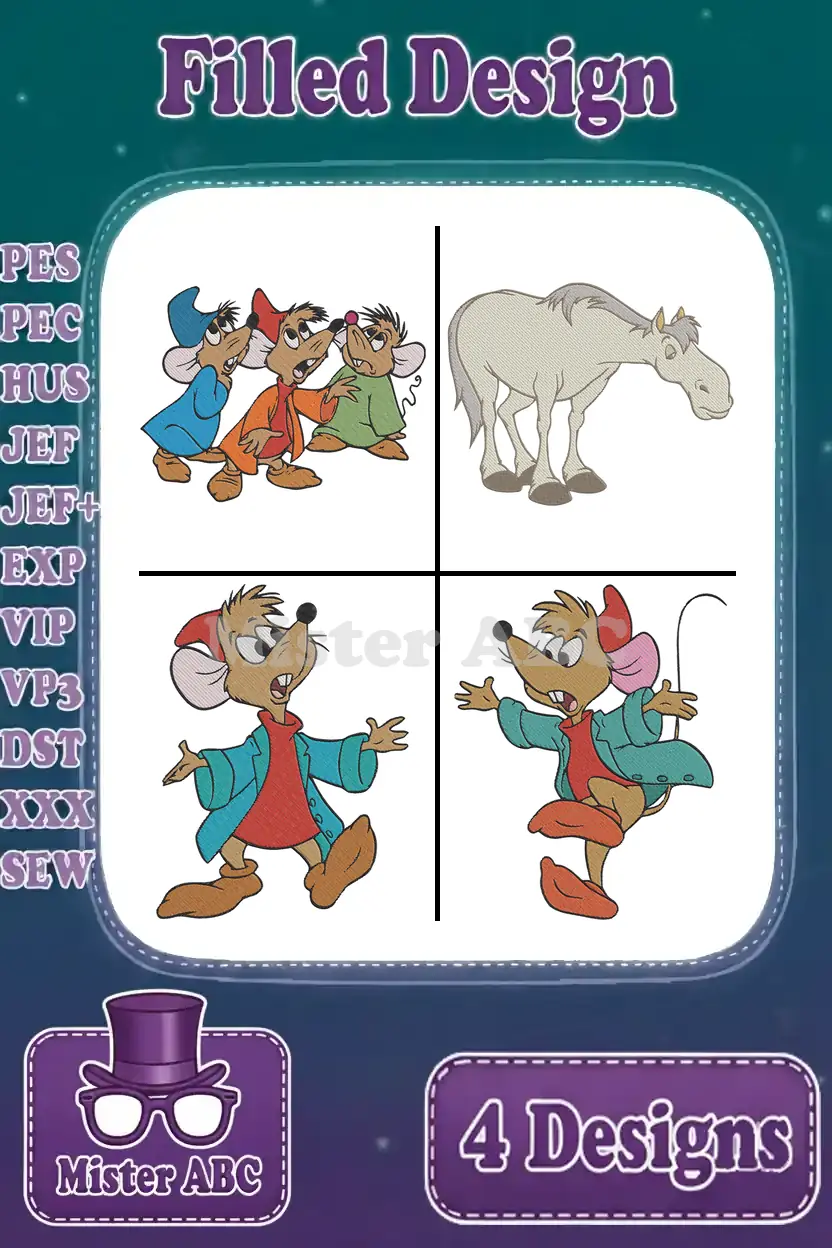 A vibrant collage of four filled embroidery designs: Jaq, Gus, Suzy, a horse, Perla, and Suzy in various poses.