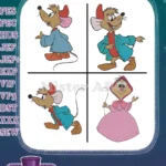 Cinderella Mice Jaq And Gus In Blue Outfits Perla In Pink Dress Poses - Filled Embroidery Design - Instant Download