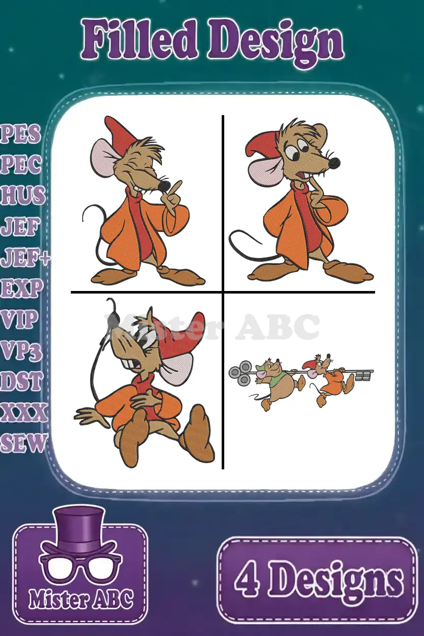 A collage of four vibrant filled stitch embroidery designs featuring Gus Gus and Jaq from Disney's Cinderella.