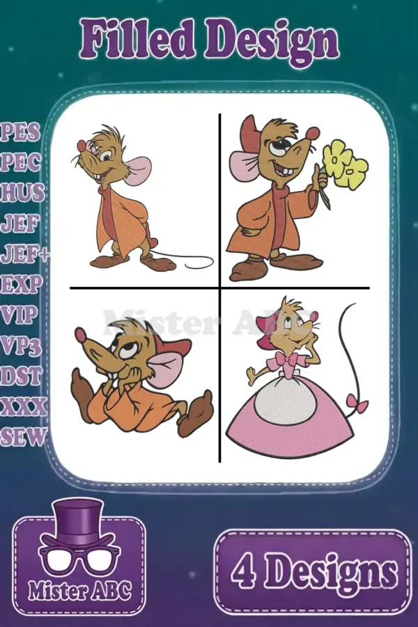Four charming filled embroidery designs featuring Jaq and Gus from Cinderella, showcasing various poses and expressions.