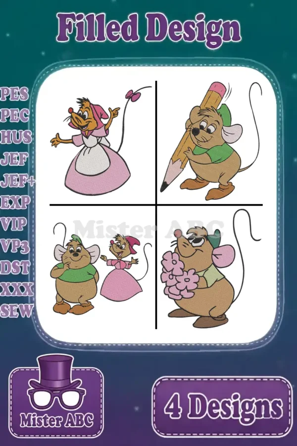 A vibrant collage of four filled embroidery designs featuring Jaq and Gus from Cinderella, ready for stitching.