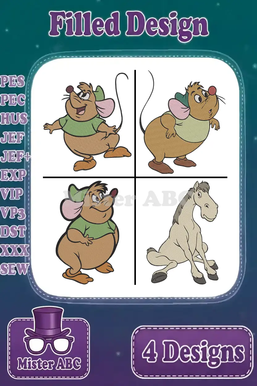Main product image showing four filled embroidery designs: three cheerful Gus Gus mouse poses and one gentle horse, ready for stitching.