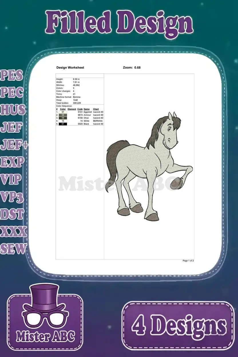 Embroidery design worksheet for the elegant gray horse, detailing stitch count, color sequence, and dimensions.