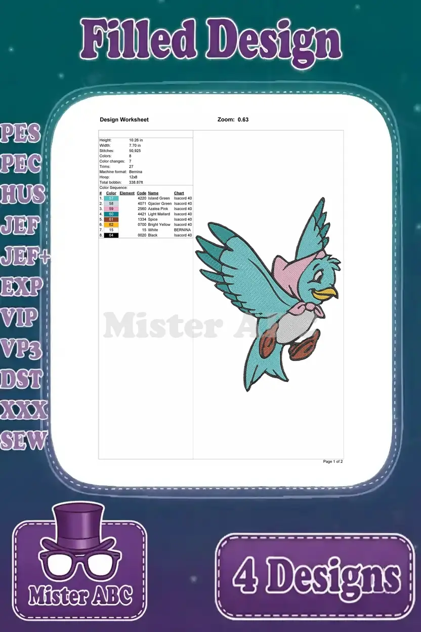 Embroidery design worksheet for the charming bird with a scarf, detailing stitch count, color sequence, and dimensions.