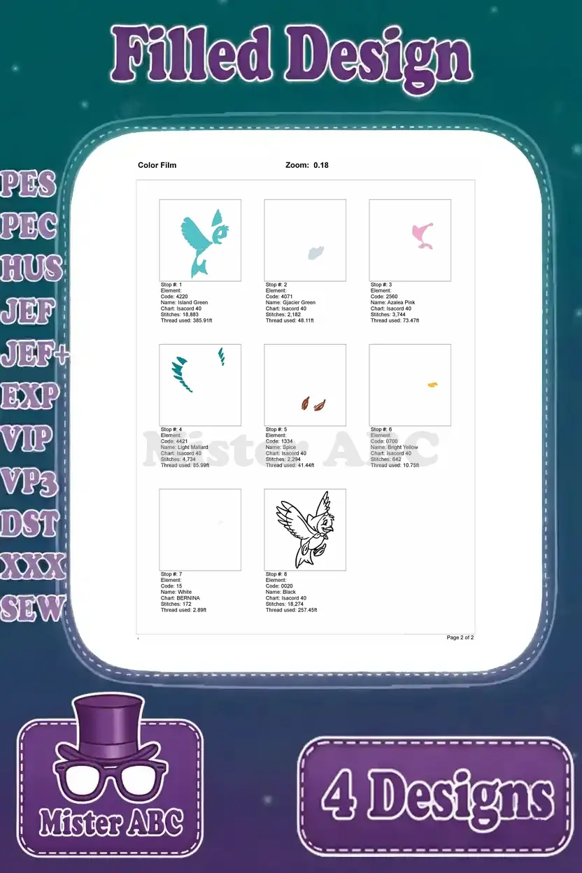 Color film breakdown for the bird with a scarf embroidery design, showing the sequence of color application.