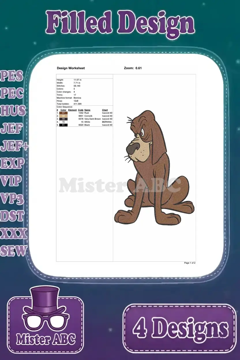 Embroidery design worksheet for the sitting dog, detailing stitch count, color sequence, and dimensions.