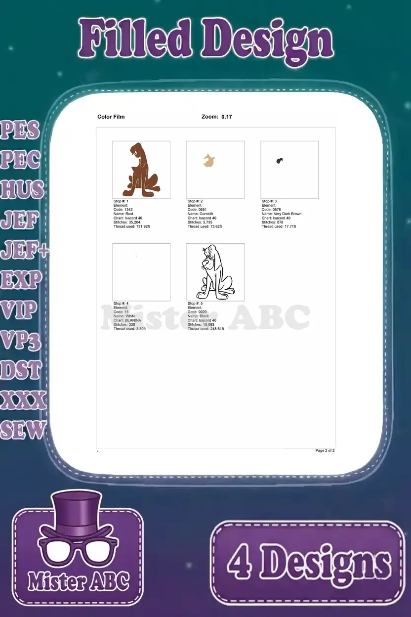 Color film breakdown for the sitting dog embroidery design, showing the sequence of color application.