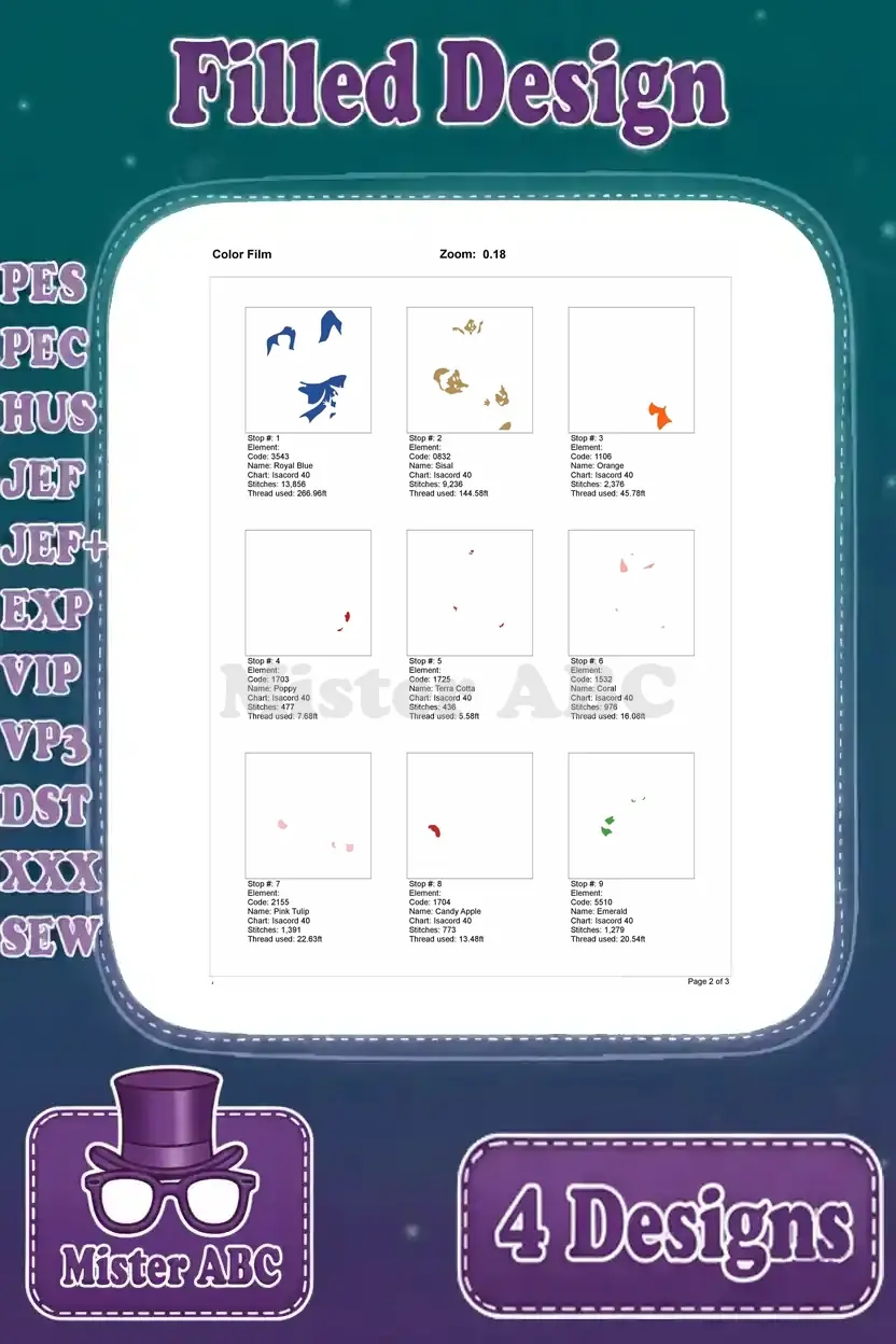 Color film visualization for the Lucifer, Jaq, and Gus embroidery, illustrating the stitch sequence and thread stops.