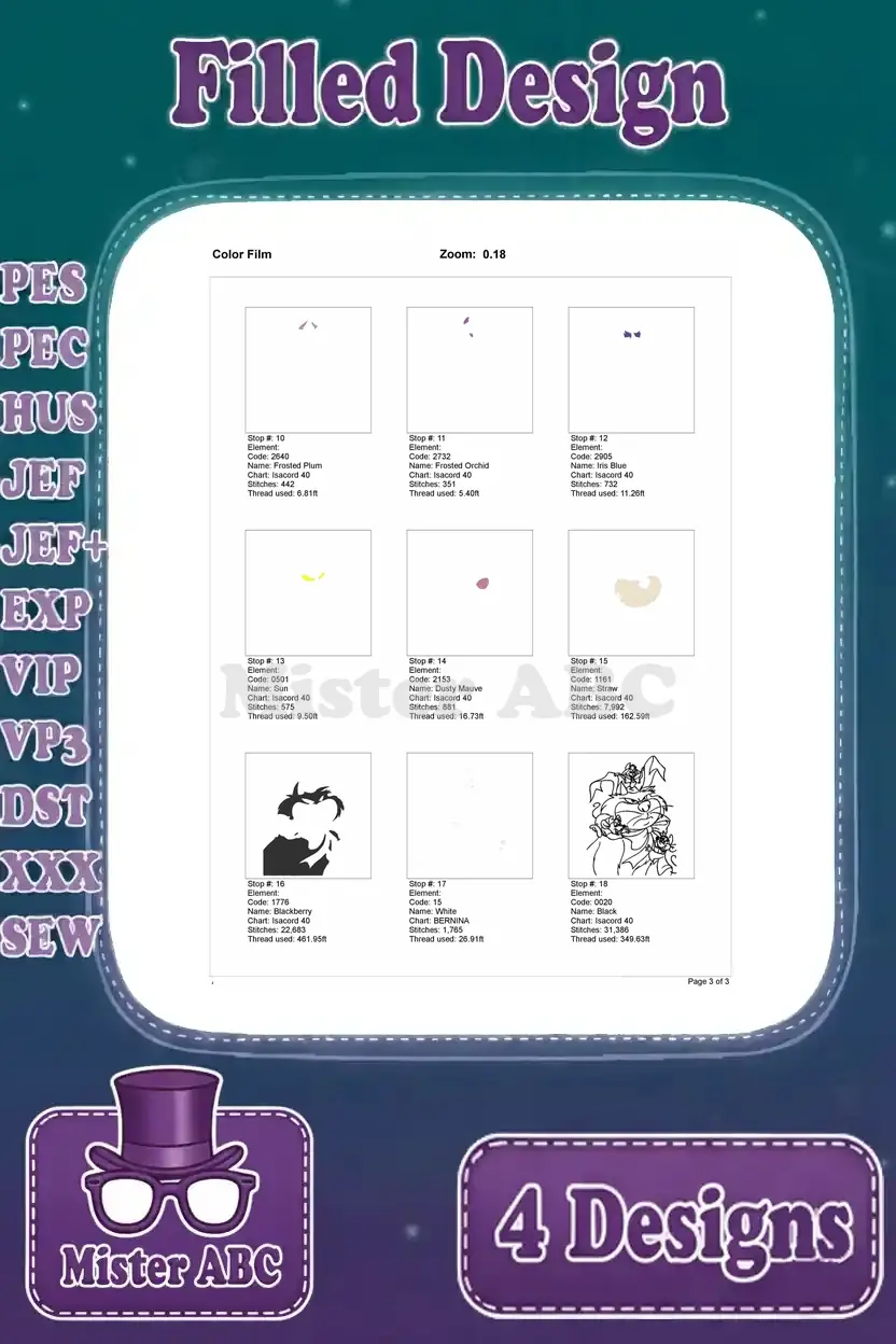 Continuation of the color film for the Lucifer, Jaq, and Gus design, completing the visual stitch guide.