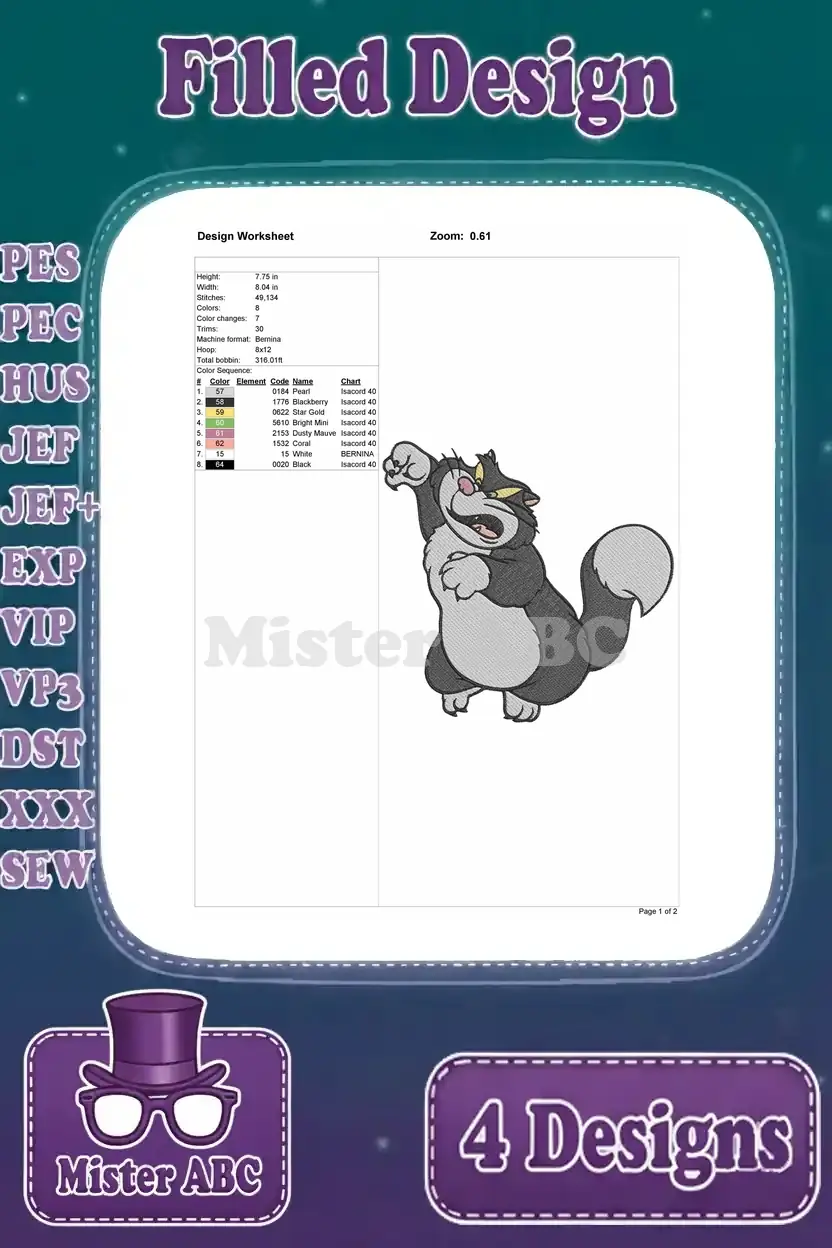 Design worksheet for the angry Lucifer embroidery, detailing stitch count, color changes, and hoop compatibility.