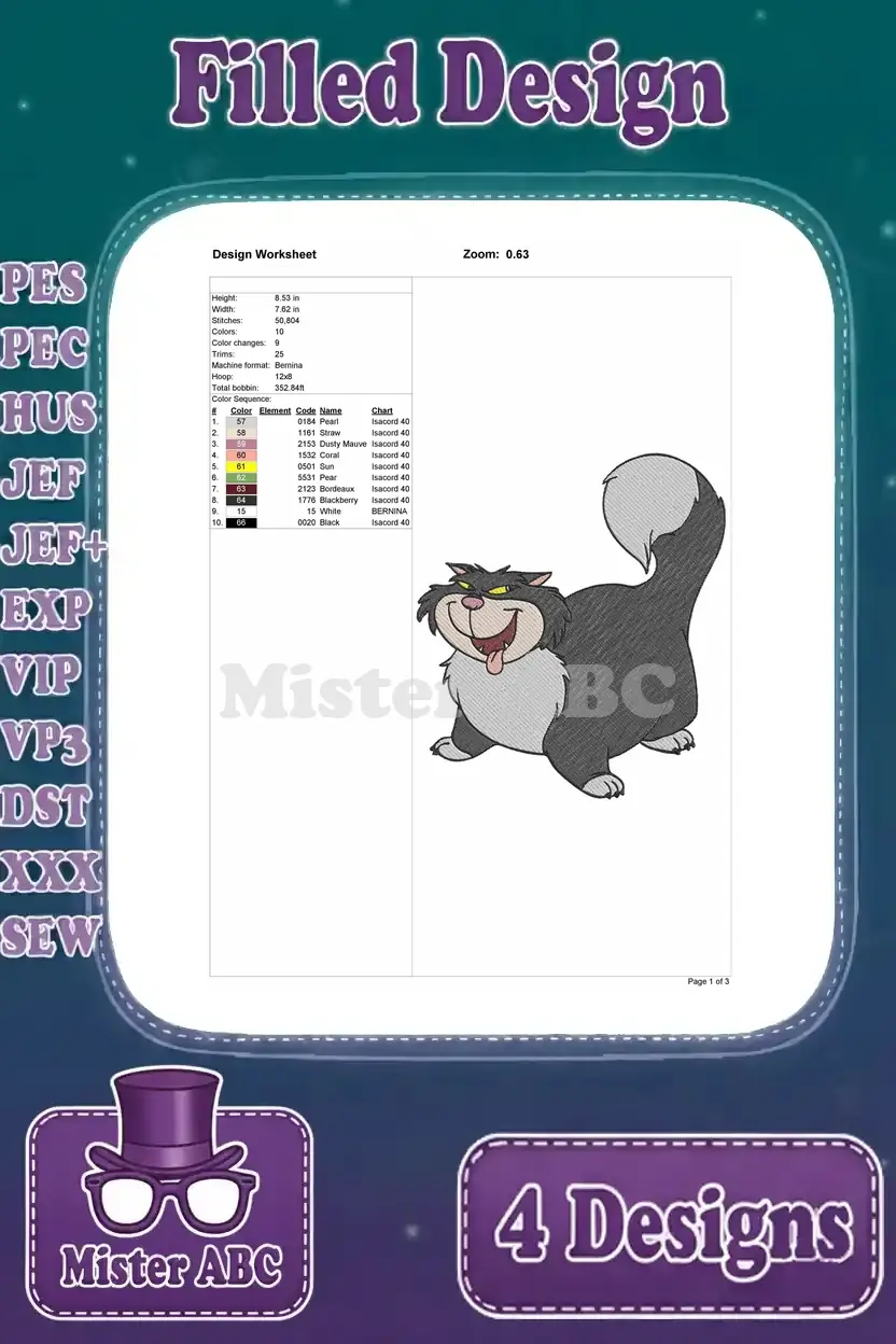 Design worksheet for the sly sitting Lucifer embroidery, outlining stitches, colors, and design dimensions.