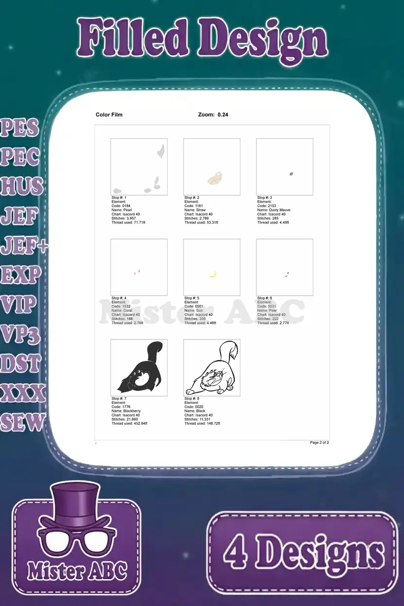 Color film breakdown for a Lucifer cat embroidery design, illustrating each color stop and the design's stitching progression.