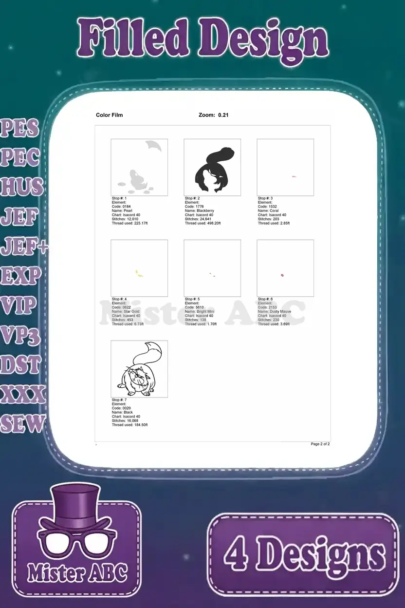 Color film guide for a third Lucifer cat embroidery design, showing thread application order and intricate design layers.