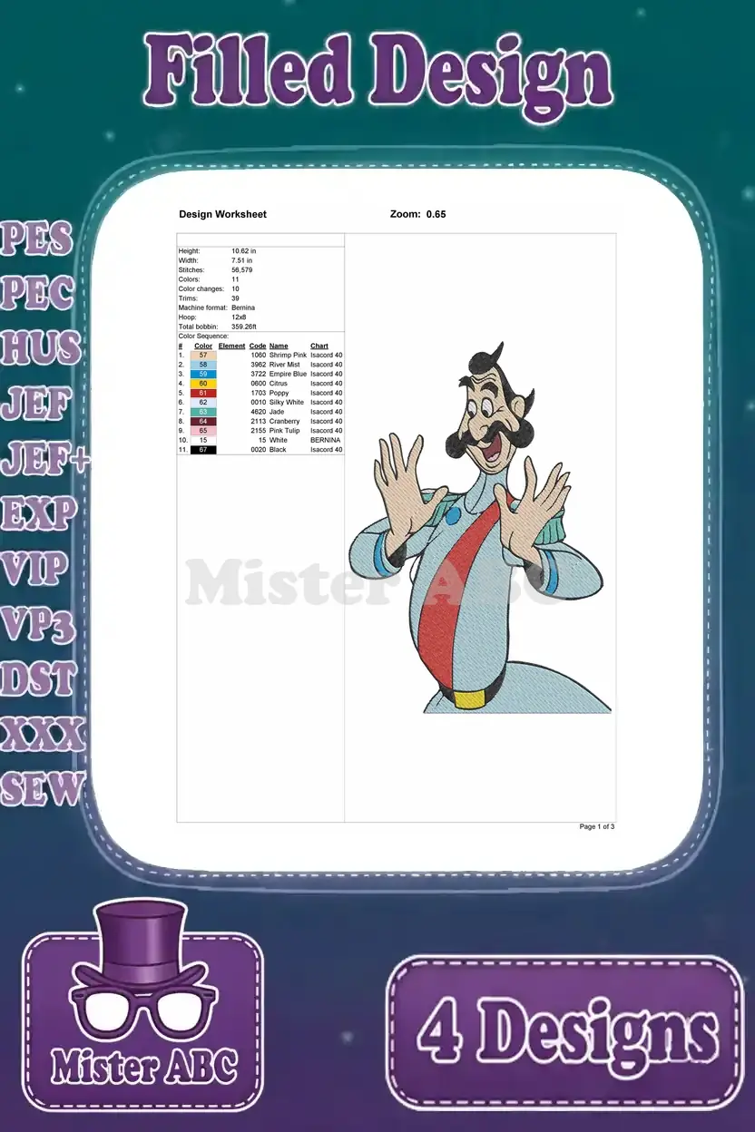 Detailed worksheet for the first Captain Hook embroidery design, showing thread colors and stitch count.