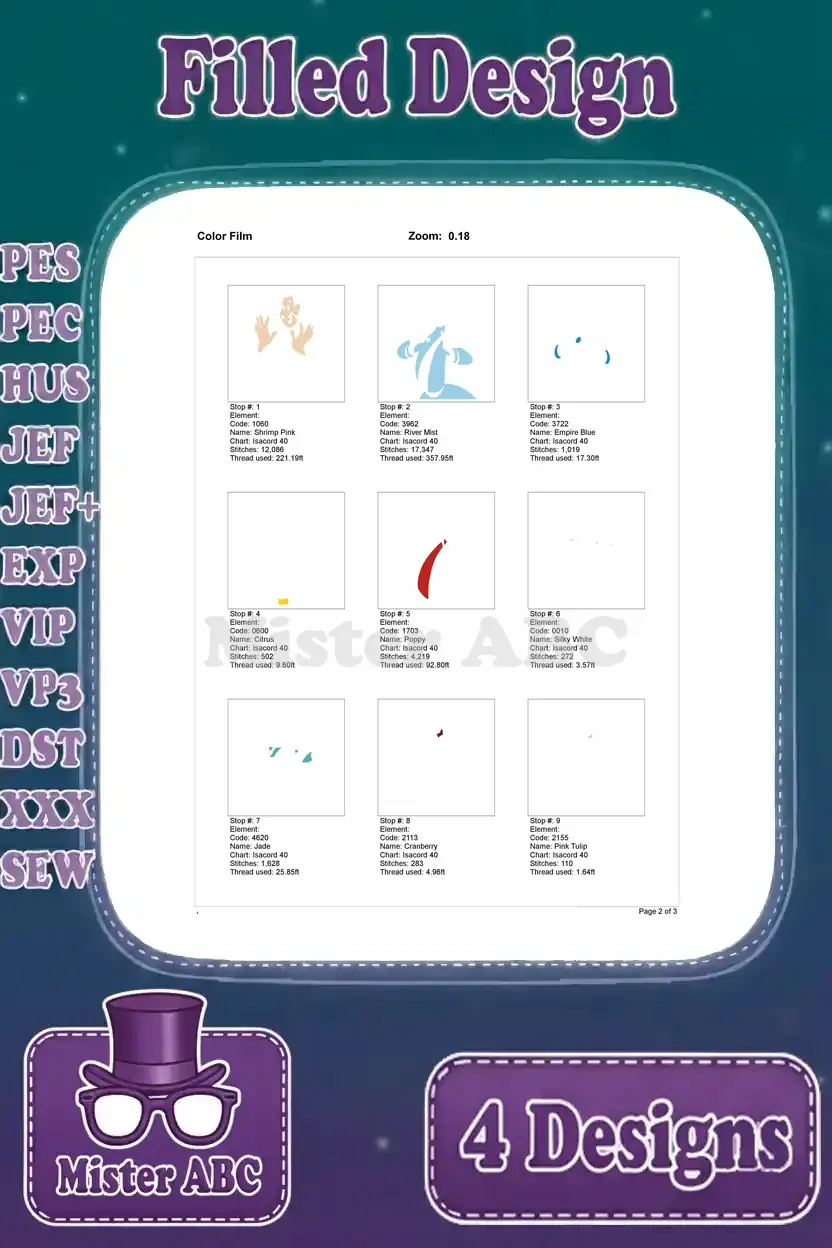 Color film breakdown for Captain Hook's first embroidery design, showing initial stitching sequence.