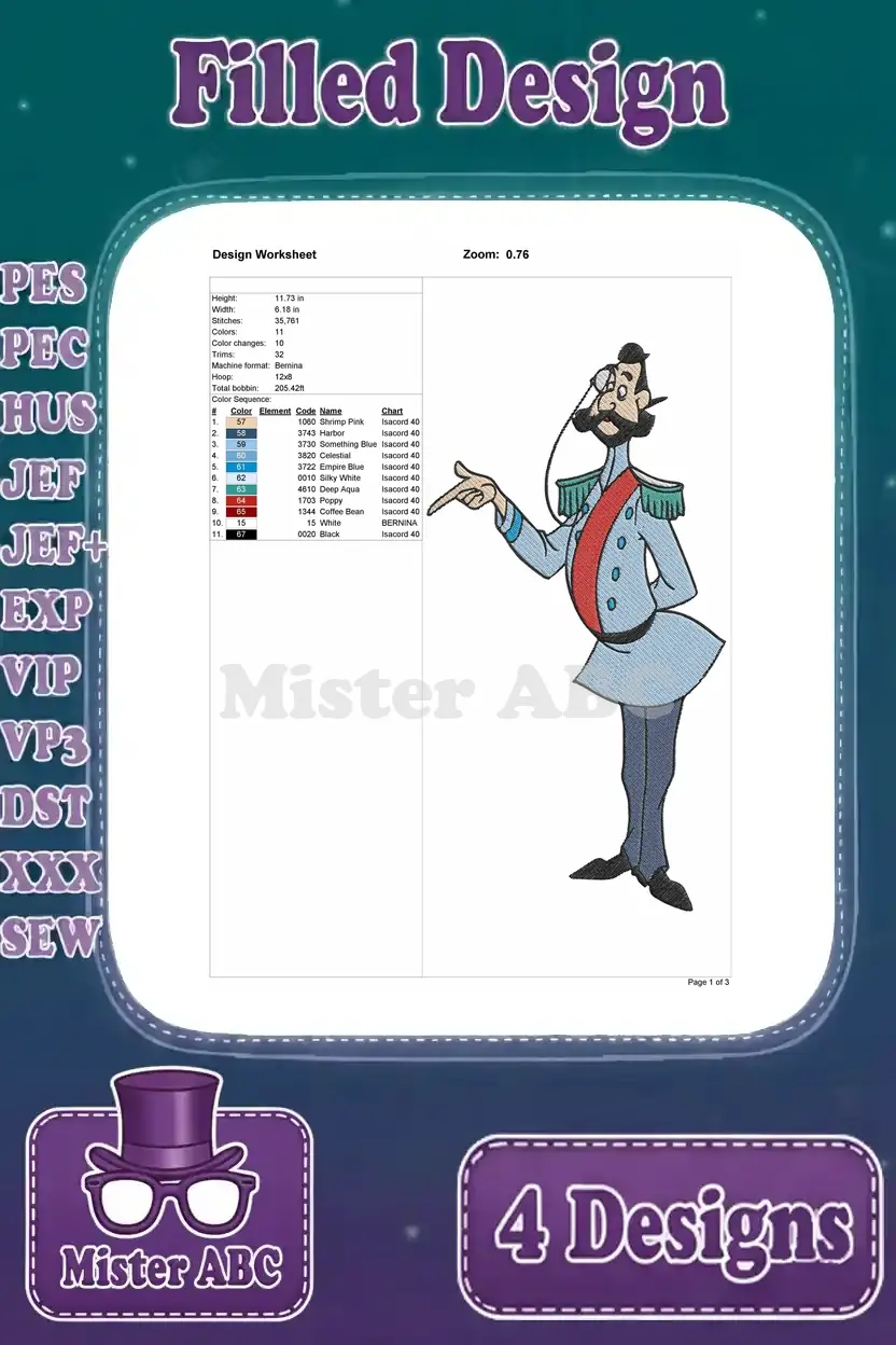 Detailed worksheet for the third Captain Hook embroidery design, showing thread colors and stitch count.