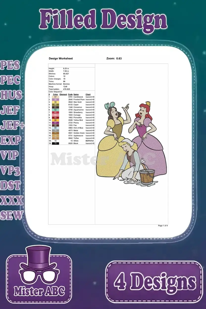 Embroidery worksheet for the first design, showing Cinderella and stepsisters, with detailed stitch information and color chart.